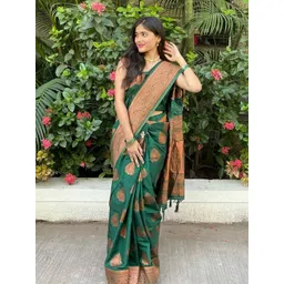 SWEETPEL Ethnic Motifs Zari Silk Blend Handloom Banarasi Saree-picture-28