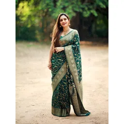 SWEETPEL Women Woven Design Zari Banarasi Saree image 1