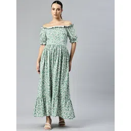 Swishchick Floral Print Off-Shoulder Puff Sleeves Ruffled Fit & Flare Maxi Dress-picture-12