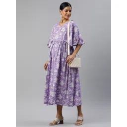 Swishchick Floral Printed Flared Sleeve Cotton Midi Fit & Flare Maternity Dress-picture-32