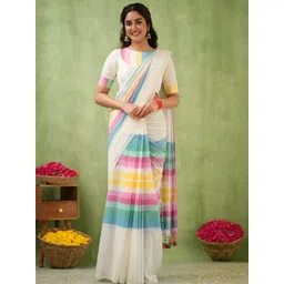 SWISS HORN Striped Printed Saree With Unstiched Blouse Piece-picture-34