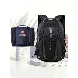 SWISS MILITARY Unisex Black & Blue Brand Logo Backpack with Blue Toiletry Bag-picture-39