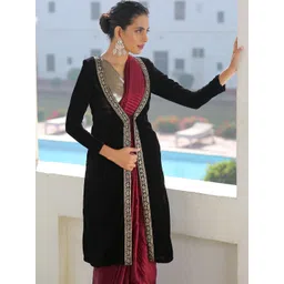 Swtantra Embroidered Lace Detail Longline Velvet Shrug-picture-22