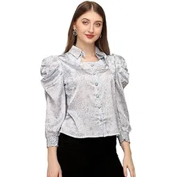 SXV Light Blue Leaves Print with Collar Crop Top | Satin Tops for Women and Girls | Women’s Balloon Sleeve Top with Leaves Print Inside | Front Side Batton top for Women-picture-10