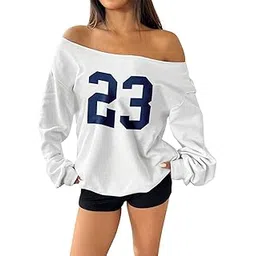 sxv style 23 Women's Casual Oversized Y2K 23 Graphic Slanted Shoulder Sweatshirt-picture-30