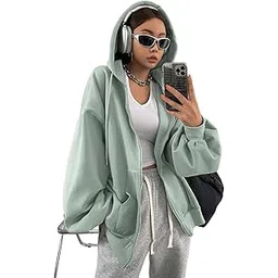 sxv style Casual Zip-Up Hoodie, Oversized Fit, Light Grey, Front Pockets-picture-24