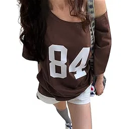 sxv style Off Shoulder Brown 84 Women's Summer Digital Printing Asymmetric Neck Short Sleeve Casual Loose T-Shirt Graphic Tees-picture-44