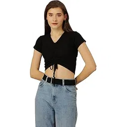 SXV STYLE Solid Black v-Neck Drawstring Ribbed Crop Top-picture-22