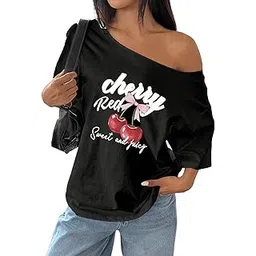 sxv style SXV Women's Loose Bowknot Asymmetrical Neck T-Shirt, Oversized Cherry Pink & White Y2K Style-picture-12