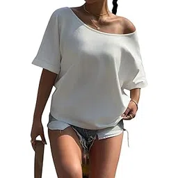 sxv style White Knitted Loose Fitting One Shoulder Short Sleeve T-Shirt for Women-picture-31