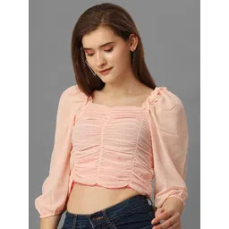 SXV STYLE Women Self Design Puff Sleeve Tropical Cotton Fitted Crop Top-picture-41