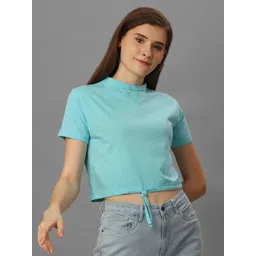 SXV STYLE Women Solid High Neck Cotton Boxy Crop Top With Waist Tie-Ups-image-10
