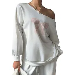 sxv style Women's Off-Shoulder Sweatshirt, White Cotton Blend with Pink Butterfly Print, Long Sleeve Casual Pullover, Winter Loungewear, Regular Fit-picture-38