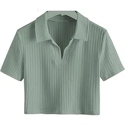 sxv style Women's Ribbed Knit Crop Polo Top, Short Sleeve, Sage Green-picture-12