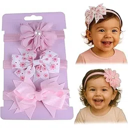 SYGA 3 Pcs Baby Headband, Flower & Bow Stretchable, Nylon HairBand for Newborn Infant Toddlers Kids 0-3 Year (Light Pink, Free Size)-picture-30