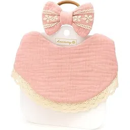 SYGA Baby Bibs with Bow Headband Set for Girls | Soft Cotton Peach Pink Bib with Crochet Lace & Matching Embroidered Bow | Newborn Infant Feeding, Drooling-picture-11