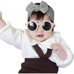SYGA Baby Bow Jacquard Stretchable Headband With Uv Protection Round Sunglasses Stylish Combo For Toddlers And Kids (Grey, MilkyFrame, Free Size)-picture-31