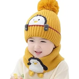 Baby Winter Cap with Scarf Knitted Penguin Design Beanie Hat for 3-10 Years, Stretchable Woolen Neck & Ear Protection-image-13