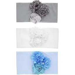 SYGA PACK OF 3 Baby Headbands Soft Nylon Fancy Flower Strechable Hairbands Newborn Infant Toddlers Kids 0-3 Year(Blue-White-Grey)-picture-28