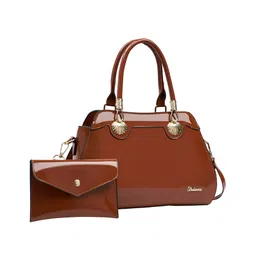 SYGA 2 Piece Women's Glossy Handbag with Matching Wallet | Elegant Shell Design Tote Bag with Gold Hardware (Brown)-picture-16