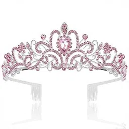 syga Bridal Princess Girl Tiara and Rhinestone Crown Headband Hair Accessories for Women Wedding Ceremony Party (Silver Plating + Pink diamonds)-picture-45