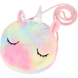 syga Girls Cartoon Unicorn Round Plush Crossbody Bag for Kids Soft Pastel Shoulder Bag with Zipper for Girls (Multicolor)-picture-40