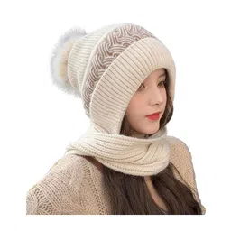 SYGA Women Winter Knitted warm Hat with Scarf Ear Protection Pompom Woolen Hat Beige-picture-22