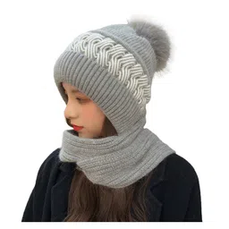 SYGA Women Winter Knitted warm Hat with Scarf Ear Protection Pompom Woolen Hat Grey-picture-21