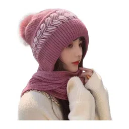 SYGA Women Winter Knitted warm Hat with Scarf Ear Protection Pompom Woolen Hat Leather Pink-picture-24