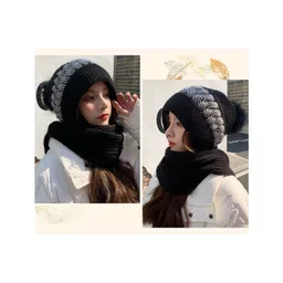 SYGA Women Winter Knitted warm Hat with Scarf Ear Protection Woolen Hat Pompom Winter cap - Black image 4
