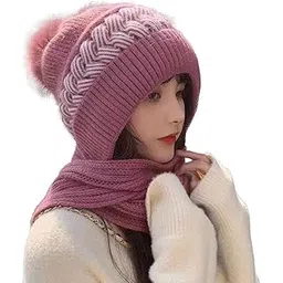 syga Women Winter Knitted Warm Hat with Scarf,Ear Protection Pompom Woolen Hat for Adult-picture-11