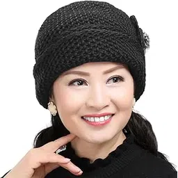 Winter Warm Hat Women Beautiful Wool Knitted Flowers Decorated Ears Beanie Hat for Adult-image-12