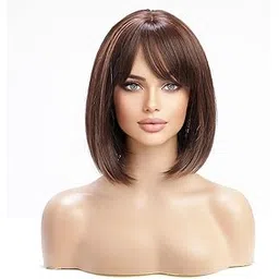 Synthetic Bob Wig for Women Short Off Highlights Bob Natural Looking Straight Ladies Daily Hair Wig with Hair Bangs, Highlights Color (Highlights Color)-picture-35