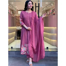 SZN Floral Embroidered Round Neck Thread Work Kurta with Trousers & With Dupatta-picture-26