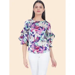 SZN Floral Print Flutter Sleeve Ruffles Crepe Top-picture-26