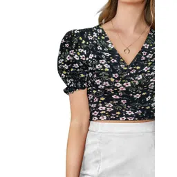 SZN Floral Print Puff Sleeve Wrap Crop Top-picture-32