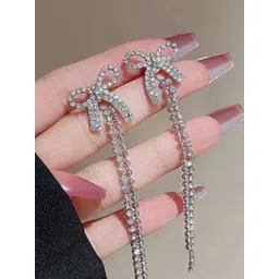 SZN KoreanEarring417 Silver-Plated Contemporary Shaped Rhinestone Drop Earrings image 2