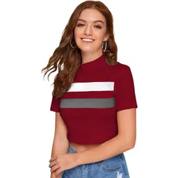 SZN Maroon Colourblocked Crop Top with High Neck-picture-33