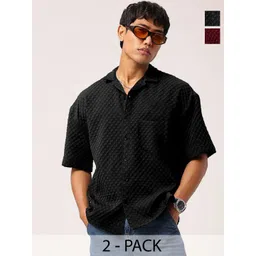 SZN Men Pack Of 2 Standard Relaxed Fit Cuban Collar Textured Casual Shirts-picture-31