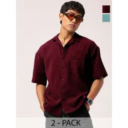 SZN Men Pack Of 2 Standard Relaxed Fit Cuban Collar Textured Casual Shirts-picture-15