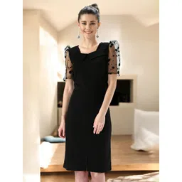 SZN Polka Dot Print Peter Pan Collar Puff Sleeve Sheath Midi Dress-picture-34