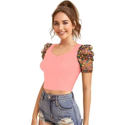 SZN Polka Dot Print Sweetheart Neck Puff Sleeve Crop Top-picture-29
