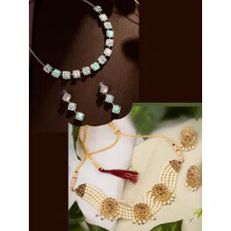 SZN Set Of 2 Gold & Rhodium-Plated Stones-Studded & Beaded Jewellery Set-picture-38