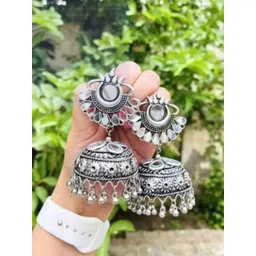 SZN Silver Plated Artificial Stones Studded And Beaded Oxidised Contemporary Jhumkas-picture-34