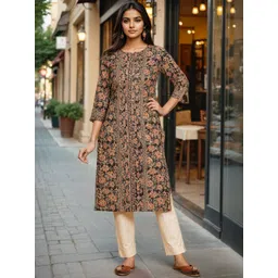 SZN Women Beige & Black Floral Printed Round Neck Cotton Kurta-picture-22