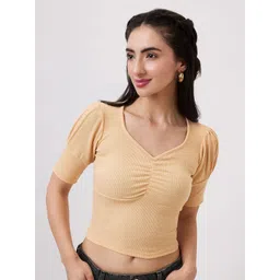 SZN Women Beige Ribbed V Neck Puff Sleeve Crop Top-picture-25