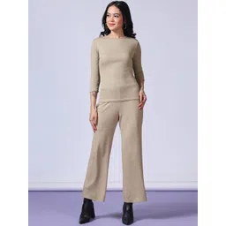 SZN Women Beige Solid Polyester Top & Trousers Co-Ord Set-picture-12