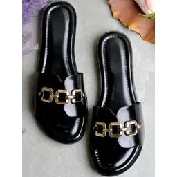 SZN Women Black Embellished T Strap Open Toe Flats-picture-30
