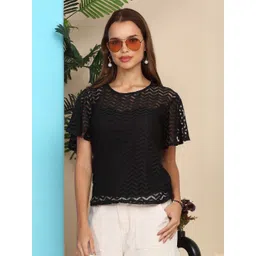 SZN Women Black Flared Short Sleeves Lace Top-picture-35