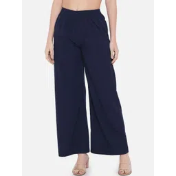 SZN Women Blue Solid Crepe Straight Palazzos-picture-22